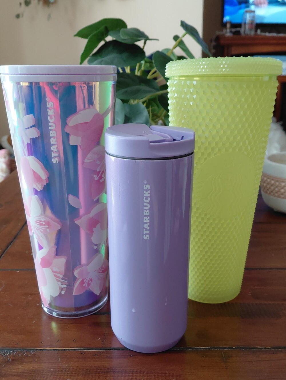 Starbucks Bundle Trio Cherry Blosso Lavender Tumbler and Glow In Dark Green Cup